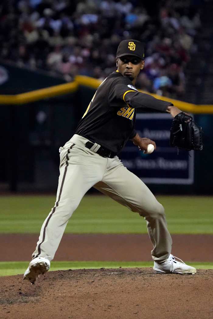 Apr 21, 2023; Phoenix, Arizona, USA; San Diego Padres relief pitcher Ray Kerr (56) throws against the Arizona Diamondbacks in the eighth inning at Chase Field.